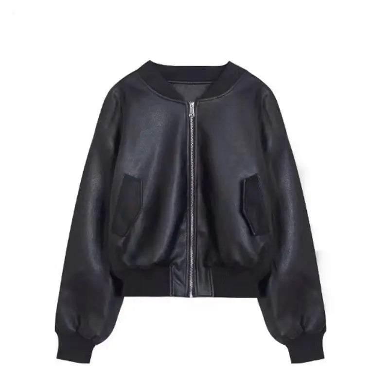 Black Short Baseball Jacket Leather Jacket Women's 2026 Spring New Pu Leather Cool Sa Style Retro Loose Locomotive Clothing
