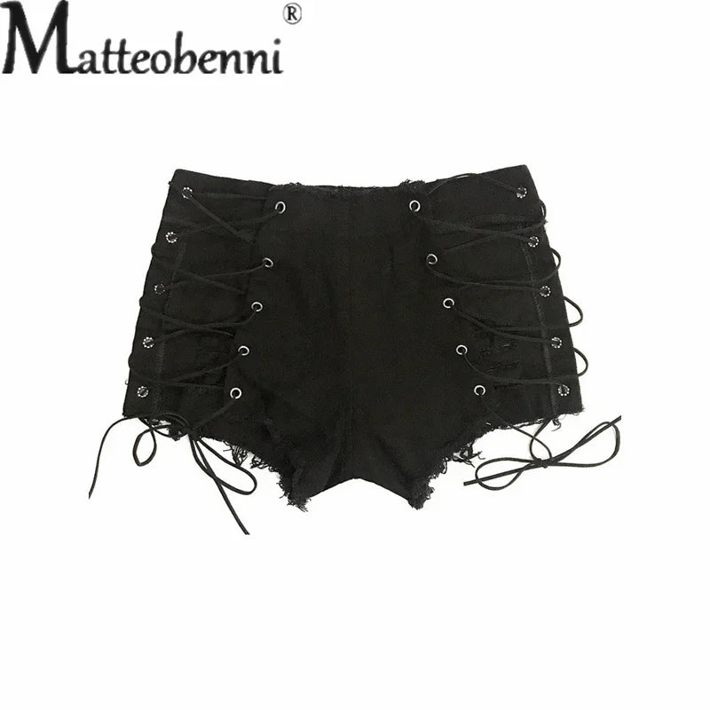Sexy Hollow Out Lace-up Patchwork Cloth Ultra-short Shorts Ladies Nightclub Wear Women High Waist Denim Three Quarter Pants New