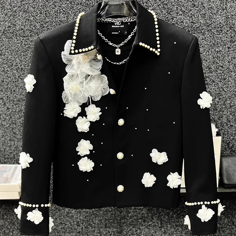 High-End Pearl Stylish Unique Jackets Men 2025 Autumn New Short Style Coats Handsome Personality Contrast Color Flower Chic Tops