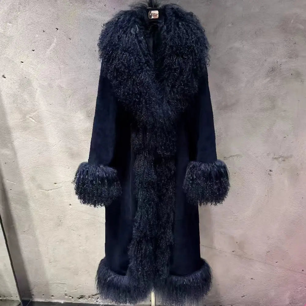Suede Coat Fur Collar Women Autumn Genuine Sheepskin Coat Long with Mongfolian Fur Trim