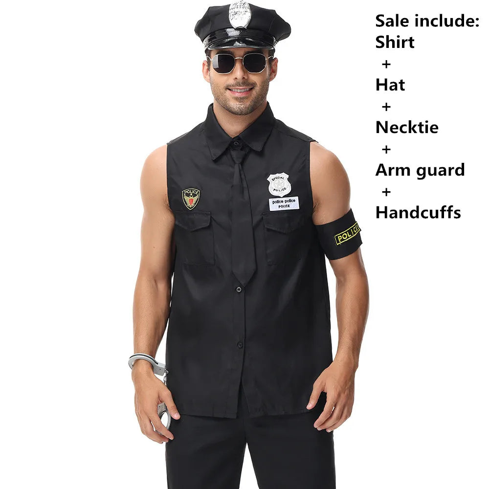 Halloween Costumes for Men America U.S. Police Dirty Cop Officer Costume Black Top Shirt Fancy Cosplay Clothing