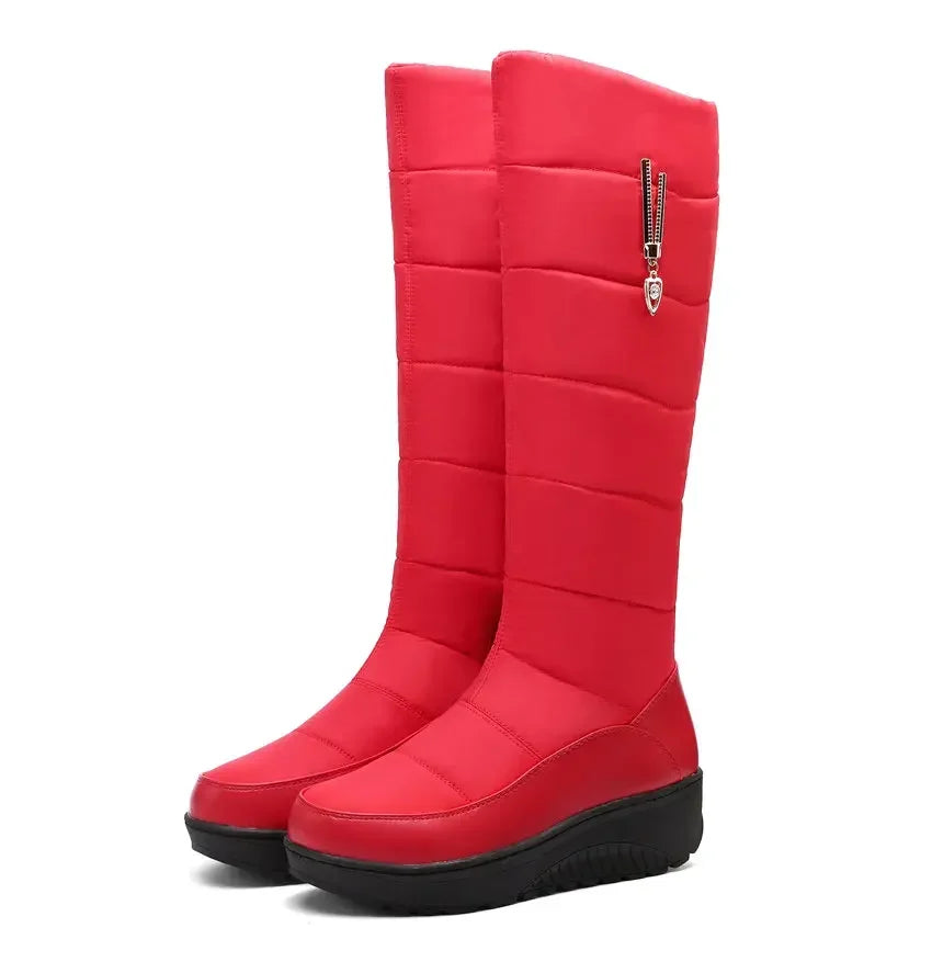 Women Warm Fur Mid-calf Snow Boots Round Toe Red Black Down Crystal Dec Party Travel Lady Wedge Platform Winter Plush Half Boots
