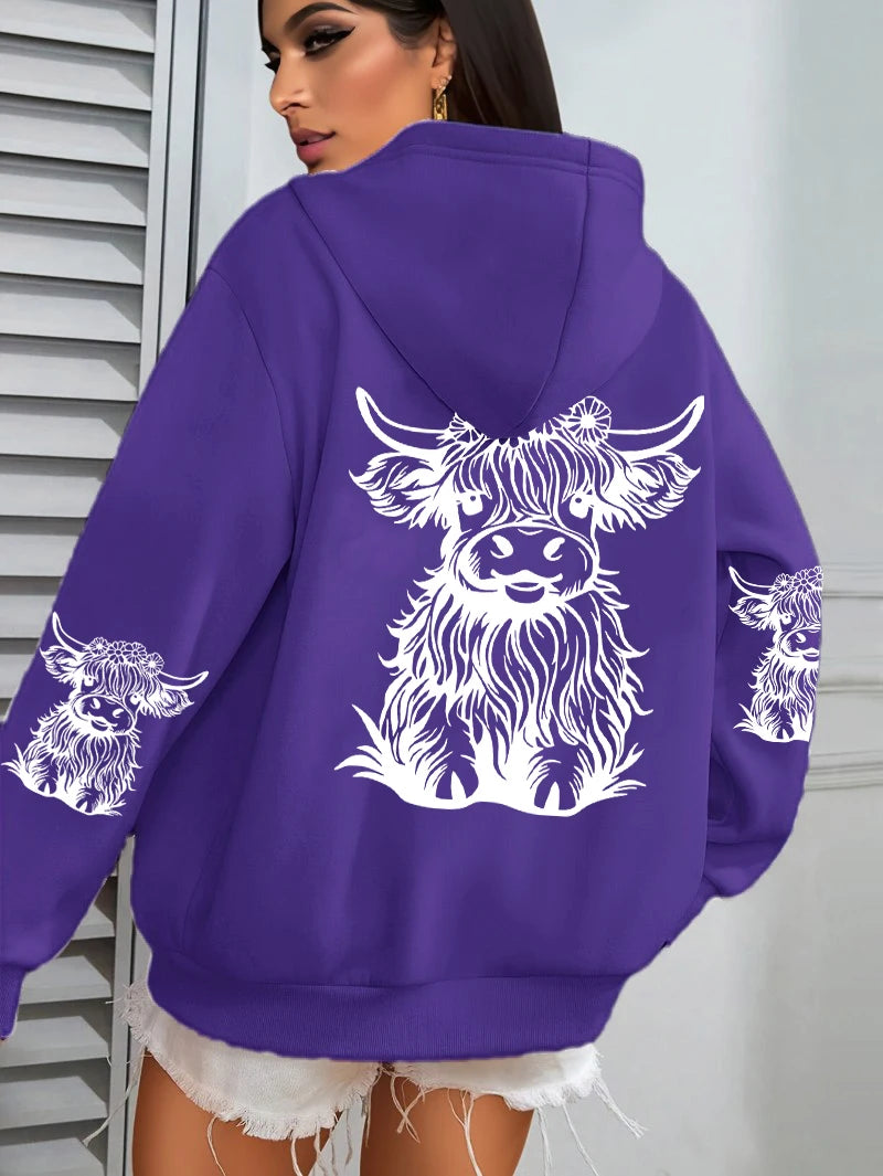 Cute Hair Cow Cartoon Printing Hoodies Womens Fleece Autumn Streetwear Comfortable Casual Hoodie Y2K Pocket All-Match Hoody