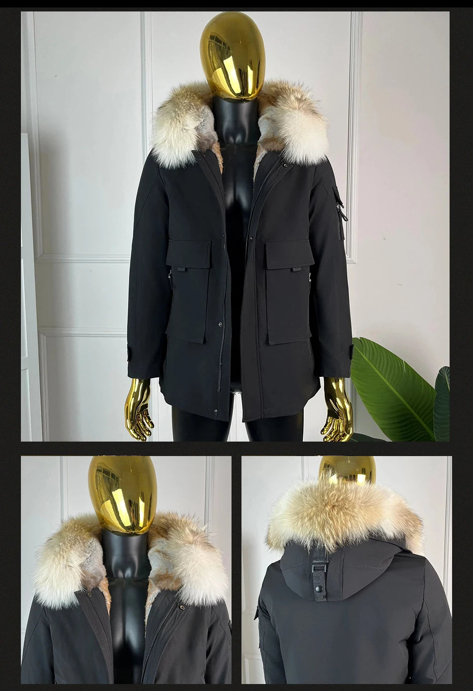 Winter Mens Outerwear Mens Fur Coat Detachable Real Coyote Fur Collar Rabbit Fur Liner Hooded Parka Fashion High Quality