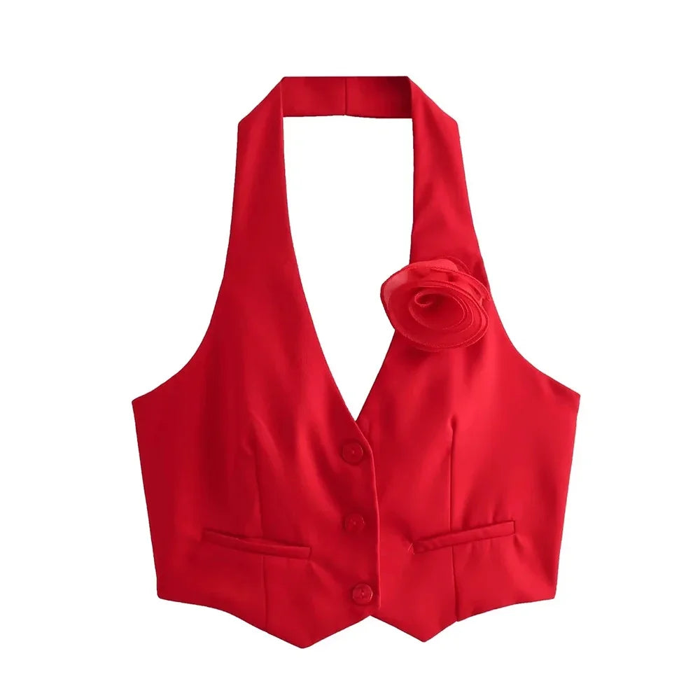 ZRN-Women's Floral Appliques Halterneck Waistcoat, Sexy Backless Button-up Female Outerwear, Chic Vest Tops, Fashion