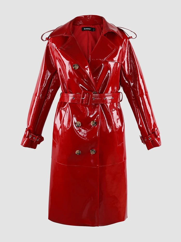 Nerazzurri Autumn Long Shiny Black Red Patent Pu Leather Trench Coat for Women Belt Double Breasted Luxury Designer Clothes 2023