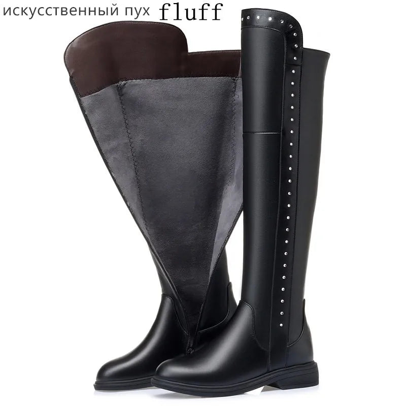 Women Over The Knee Boots Winter Natural Wool Warm Genuine Leather Ladies Knee Boots Large Size Non-slip Snow Boots Women
