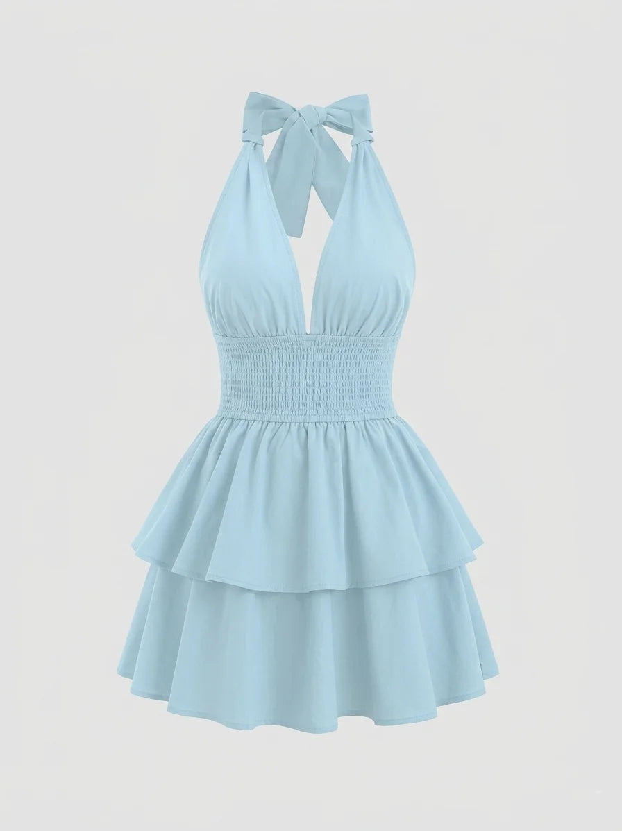 Elegant Halter Neck Mini Dress Women Sexy Deep V Neck Backless Short Dress Summer Ruched Ruffle Tiered Party Robe