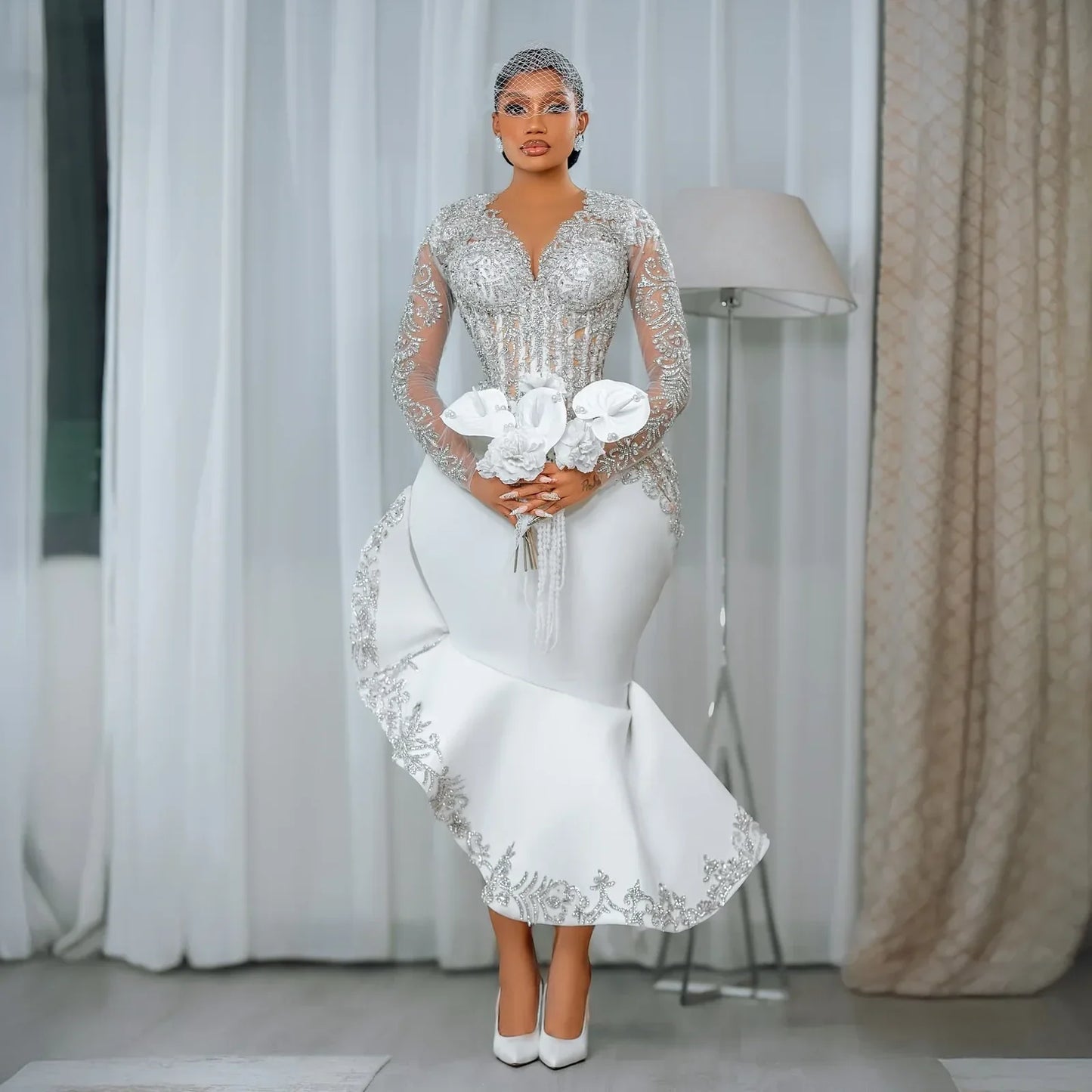 Elegant African Long Sleeve Short Wedding Dress Lace Beaded Mermaid Bridal Gown Black Women's Birthday Party Dress