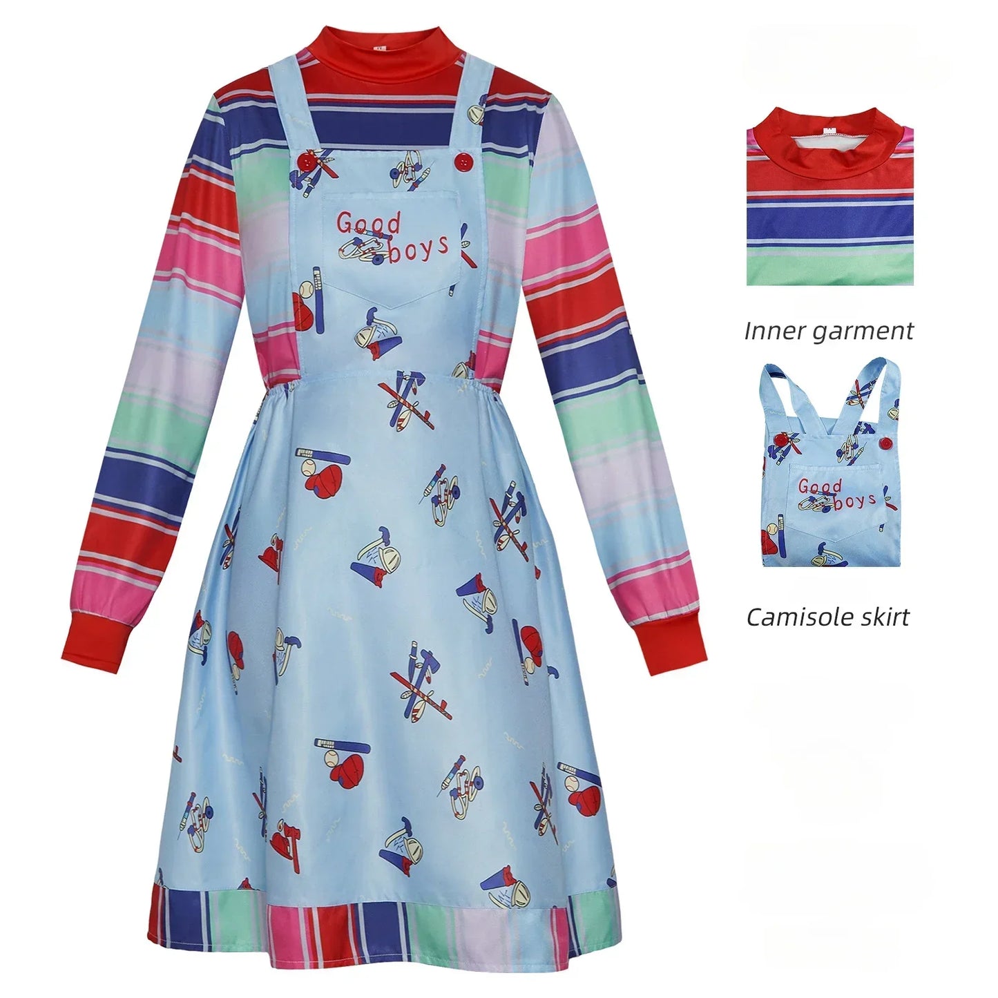 Movie Chucky Cosplay Costume Adult Unisex Dress Top Overall Pants Suit Halloween Uniform Outfit Performance
