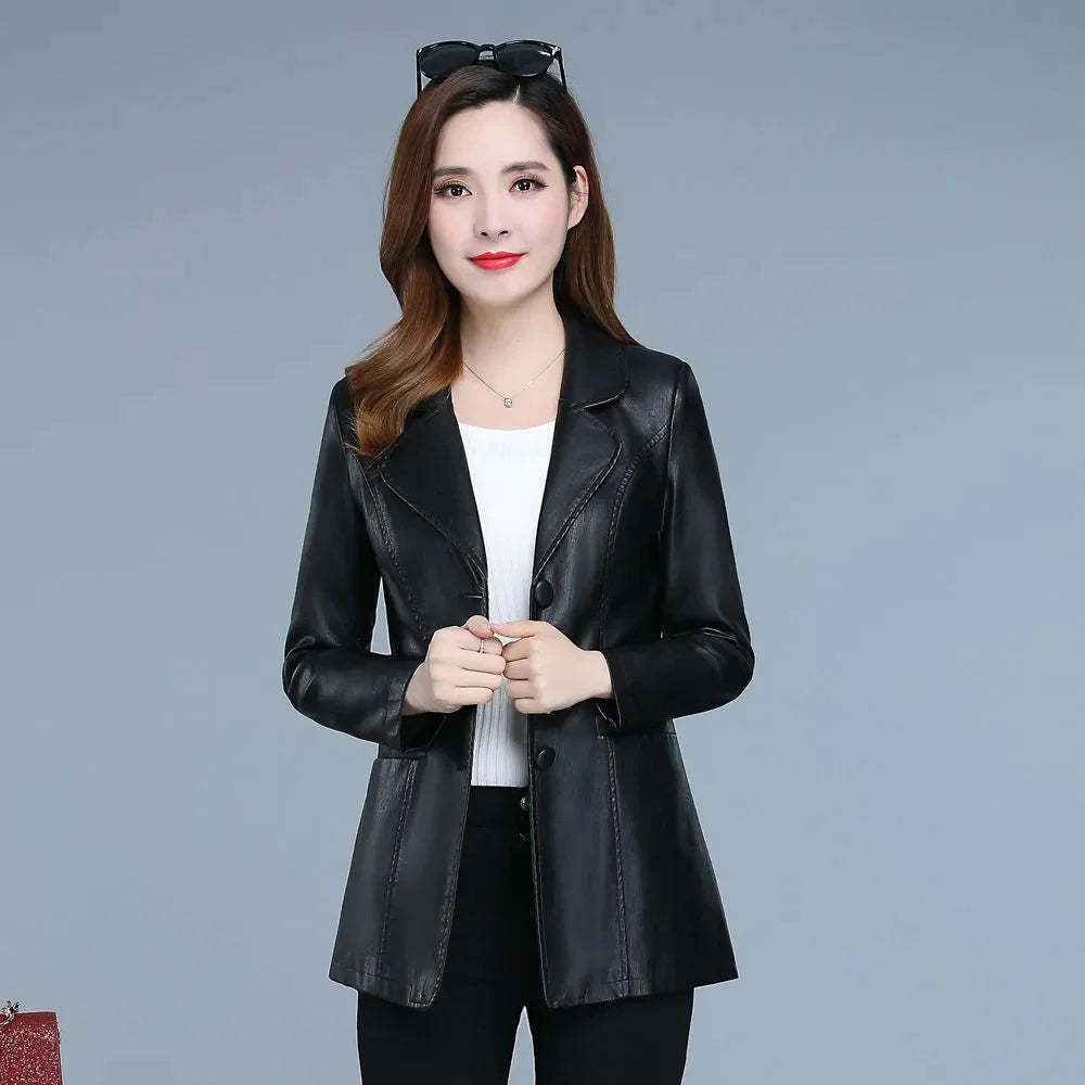 High Quality 2026 Autumn And Winter New Leather Leather Coat Women's Short Slim Suit Collar Leather Jacket Female's Coat Black