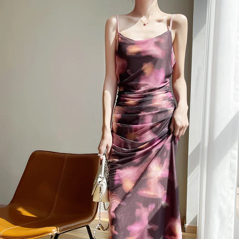 Ele Printed Me Split Dr Women's Summer Vintage A-Line Midi Dr Body-a Light Mature Sle TING