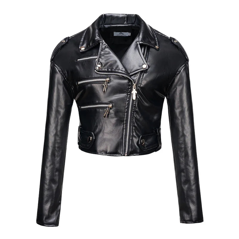 New Women slim short leather jacket plus cotton high waist long sleeve lapel diagonal zipper leather jacket pu motorcycle suit