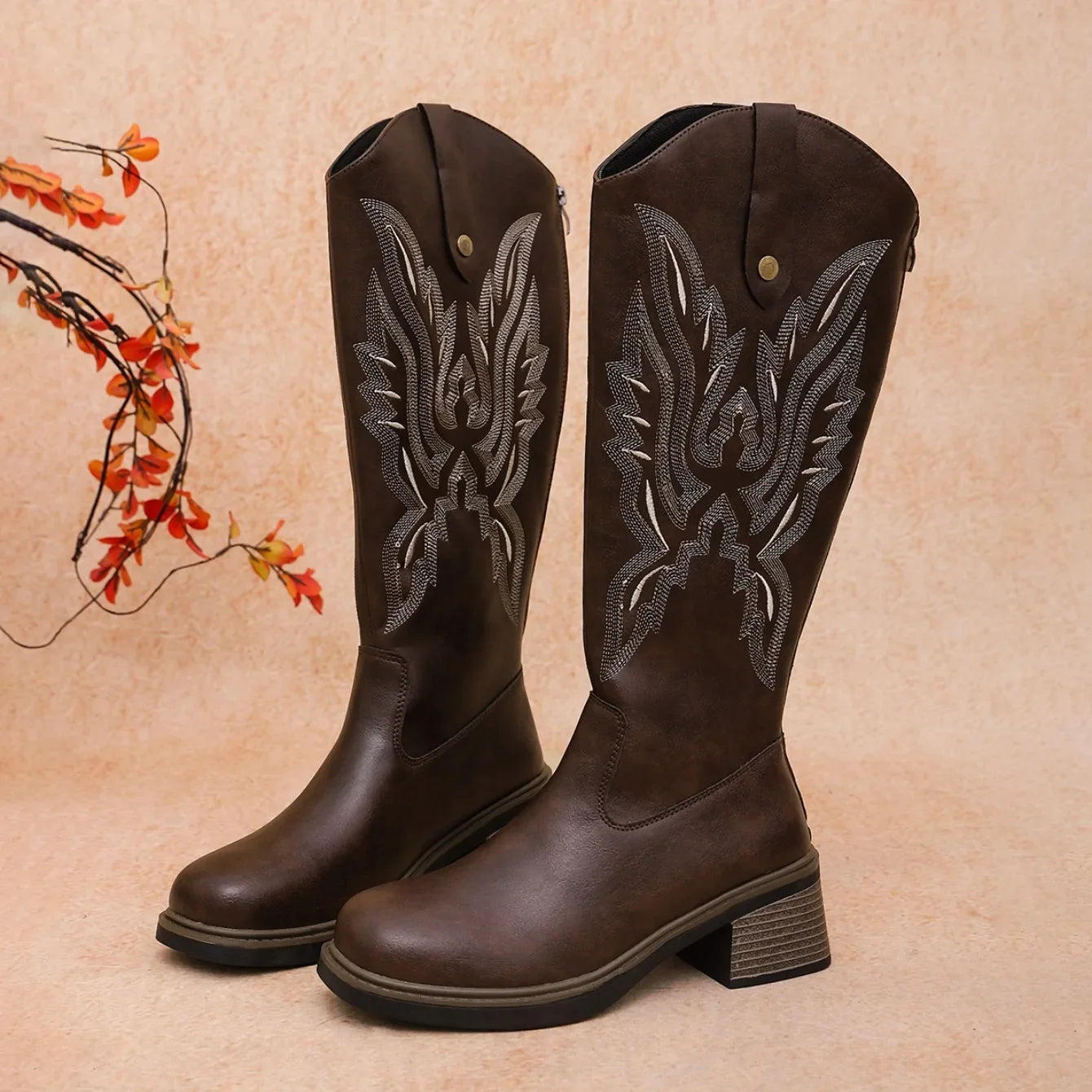 Retro Embroidery Knee‑high Western Cowboy Style Boots Women Chunky Heel Comfortable Spring Autumn Large Size Back Zip Daily Wear