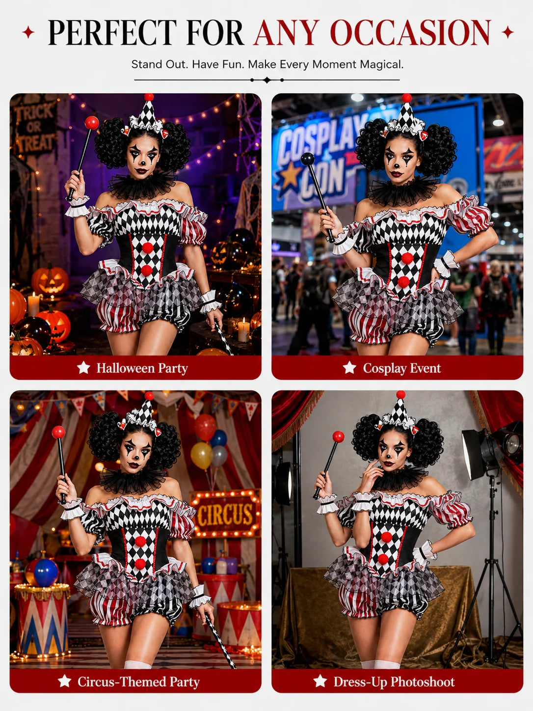 Women's Halloween Evil Clown Costume Sexy Circus Cosplay Off Shoulder Diamond Pattern Ruffled Bloomer Outfit with Hat Mesh Collar Wrist Cuffs Fancy Dress
