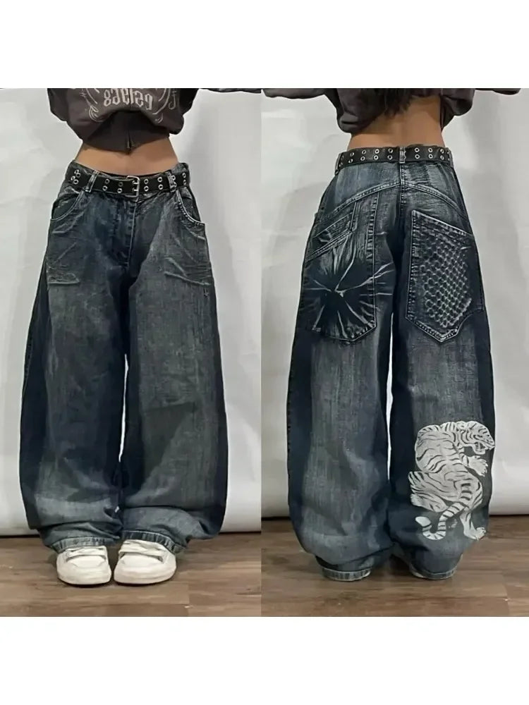 New Jeans Female Y2K American Harajuku Retro Washed Loose Jeans Street Fashion Casual Gothic High Waist Pants For Men and Women