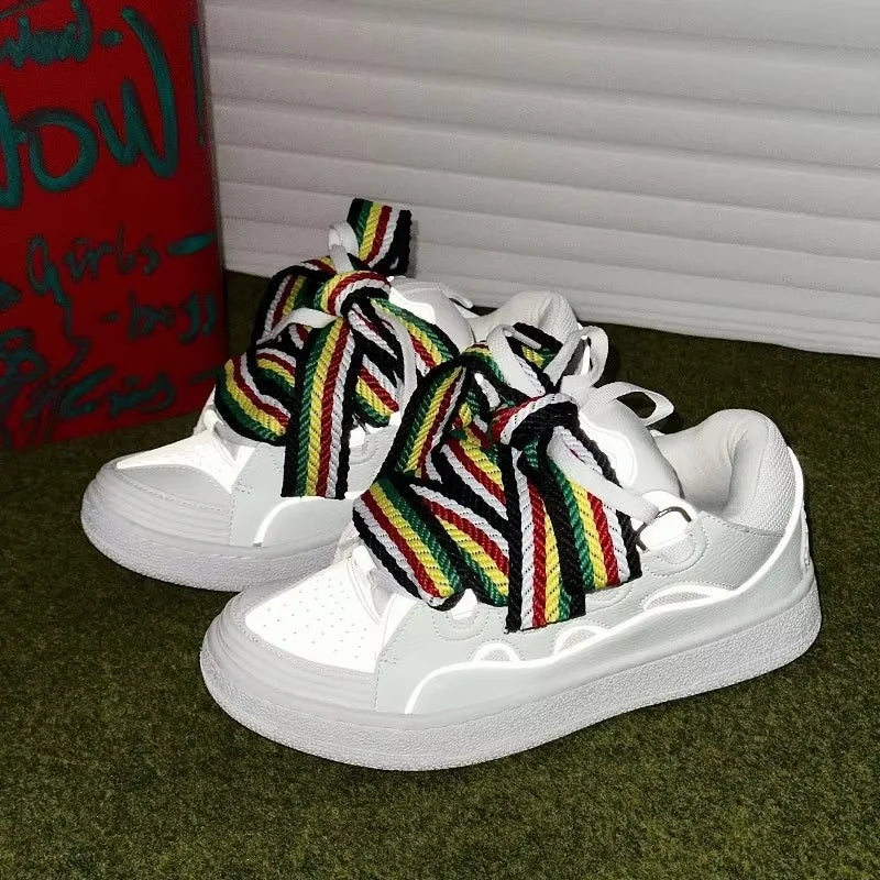 Black White Mixed Colors Couple Casual Sneakers Novelly Reflective Thick Sole Lace-Up Walking Shoes Breathable Women Men Shoes