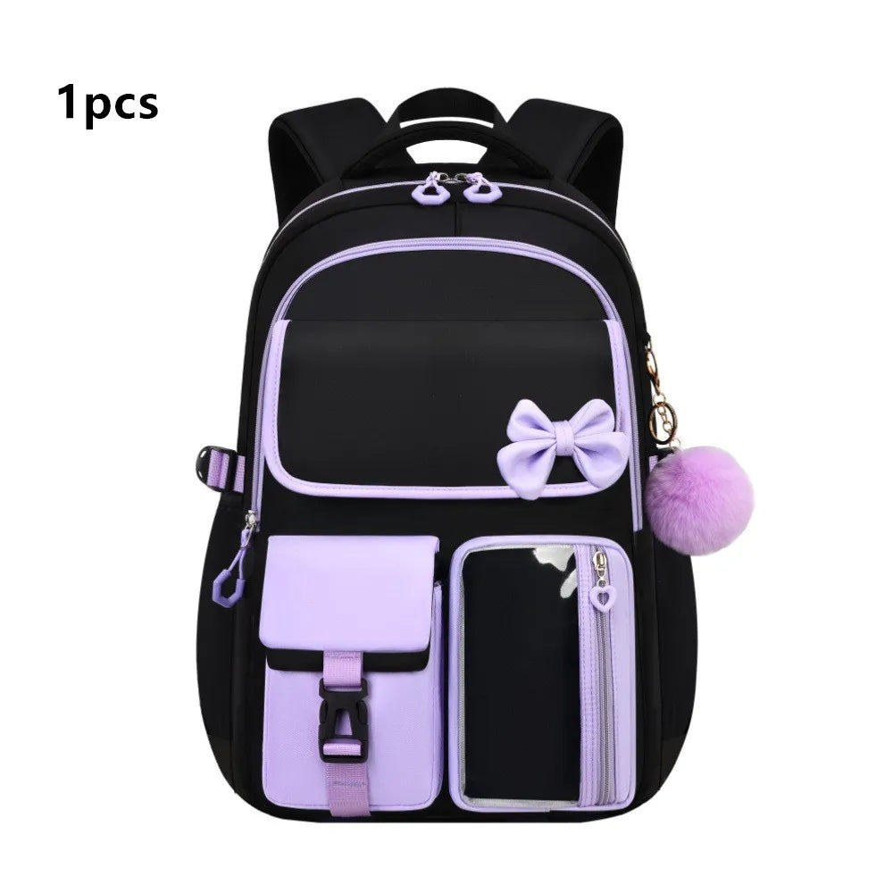 Three-piece Purple School Bag Set Casual with Pen Bag Students Schoolbag Durable with Lunch Bag Large Capacity bow Backpack book