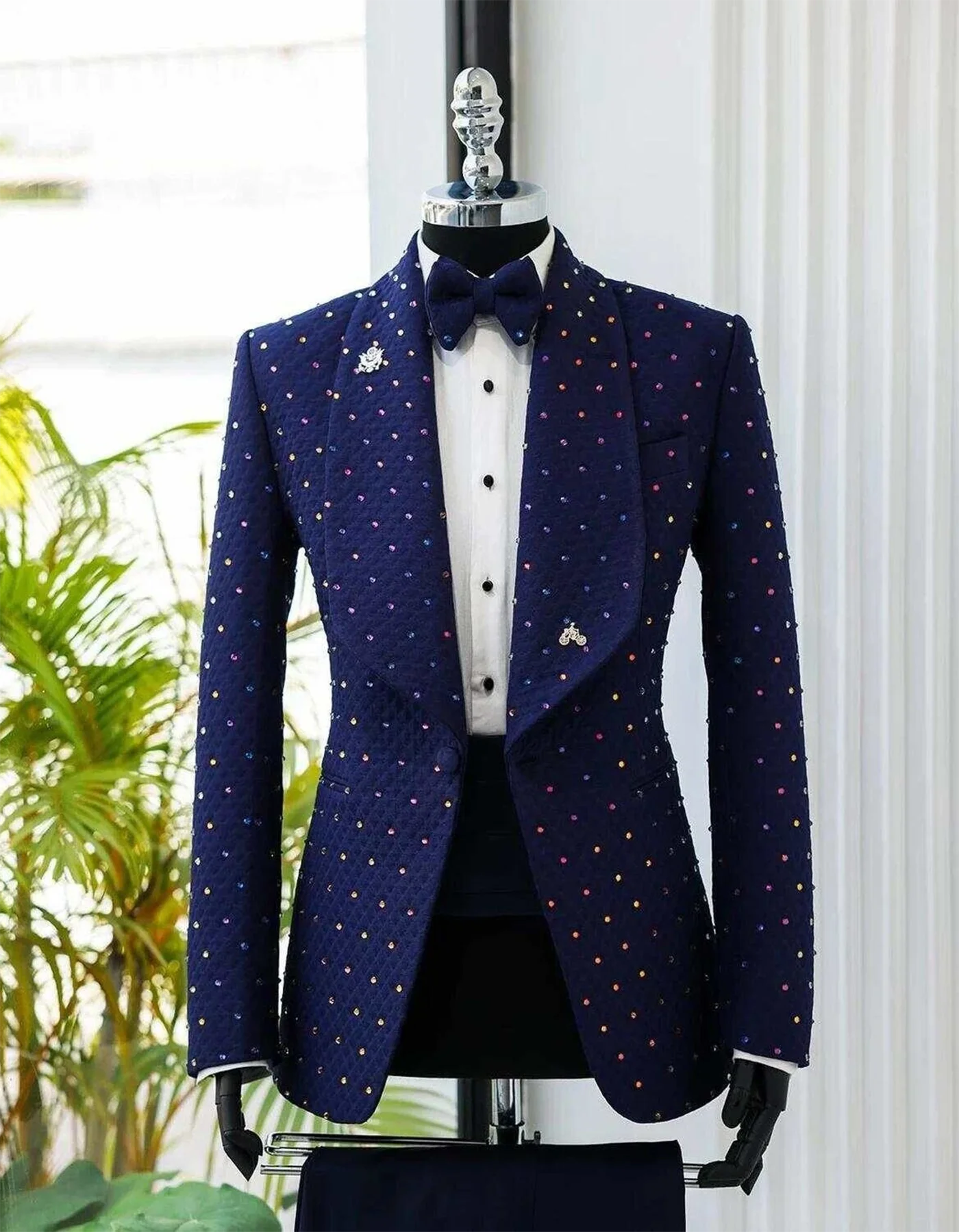 Luxury Beading Men's Groom Rhinestone Suit Pant Single Breasted Wedding 2 Piece Slim Fit Suits Formal Groom Suit Male Customized