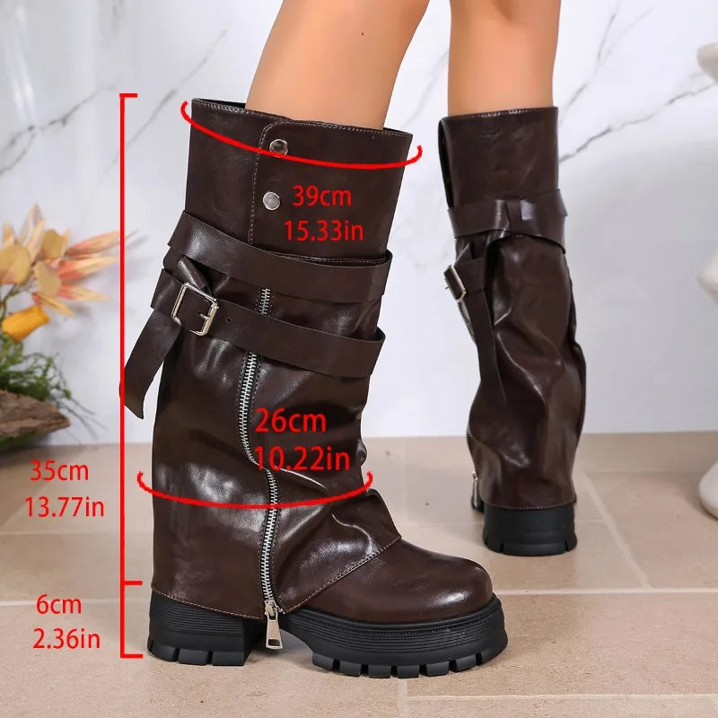 Platform Chunky Sole Women Knee High Boots Buckle Strap Side Zipper Shoes Autumn Winter Vintage Ladies Non Slip Long Boots