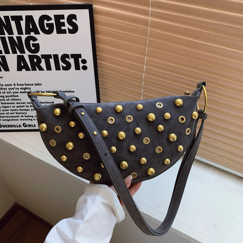 MOODS Branded Half-moon Shoulder Bags For Women Faux Suede Rivets Decor Crossbody Hobo Bags 2025 Latest Designer Handbags Luxury