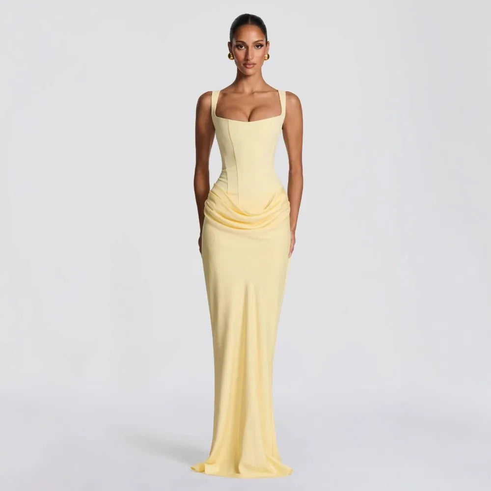 Ladies' formal square neck sleeveless waist cinching design with pleated fish tail long skirt for dinner party slimming dress