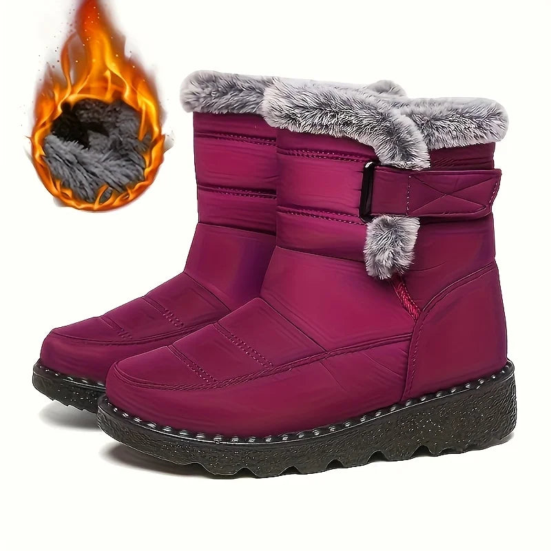 Women Winter Mid Calf Snow Boots Thick Plush Lined Warm Booties Magic Strap Waterproof Non Slip Flat Sole Thermal Shoes for Daily Walking Cold Weather Black Navy Wine Red Multi Colors Ladies Casual Winter Footwear