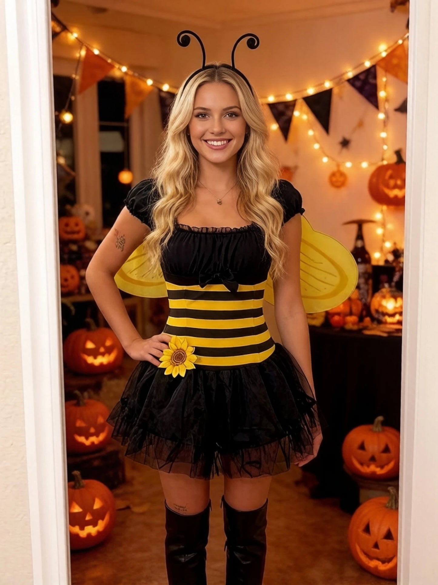Women Bubble Bee Costume Striped Mini Tulle Dress Wings and Antenna Headband Set of 3 for Halloween Cosplay Party