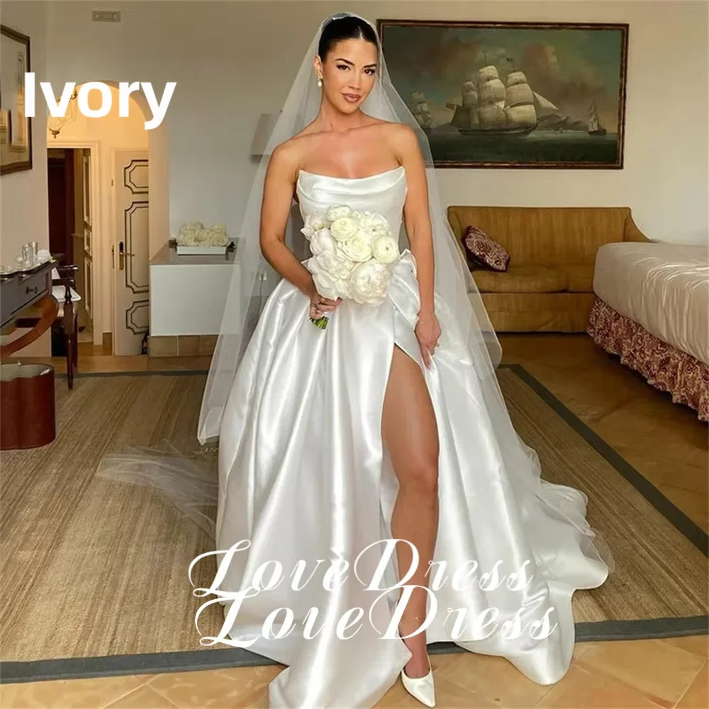 Customized Simple Stain Strapless Pleats A-Line High Side Slit Wedding Dress Pastoral Sleeveless Boat Neck Backless Lace Up 2026
