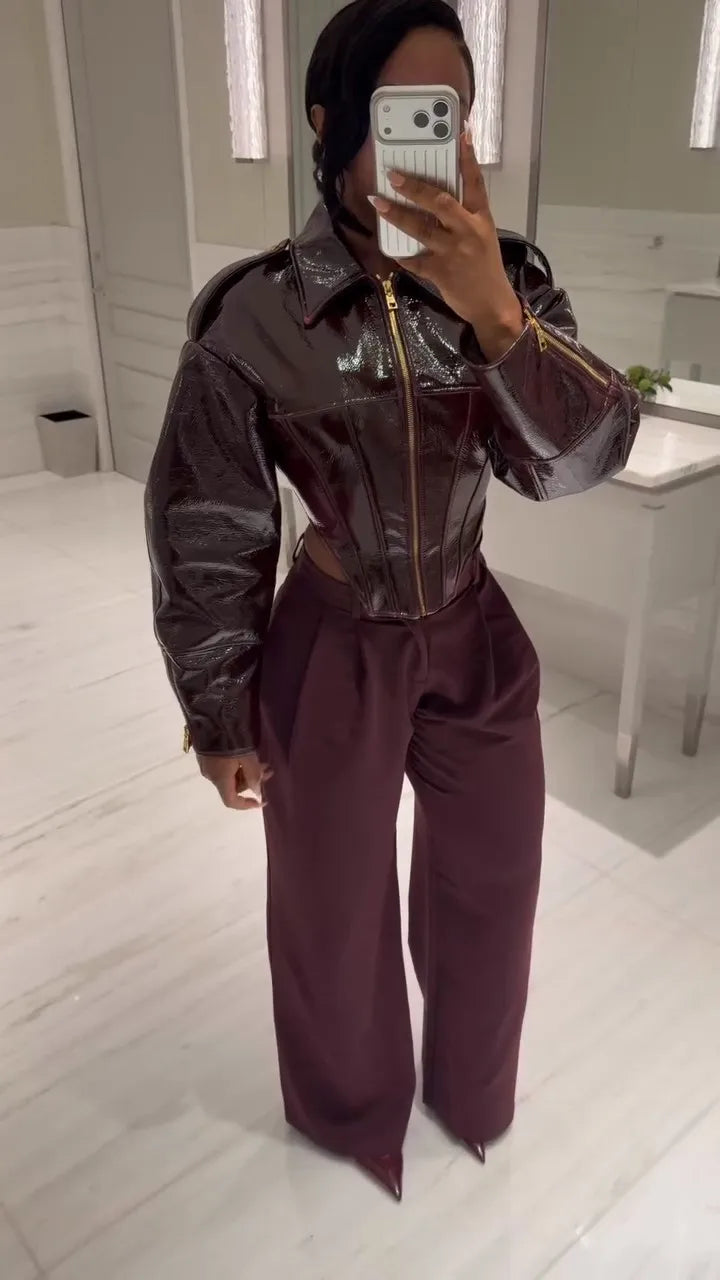Fashion Coated Cinched-waist Leather Jacket Women Retro Lapel Full Sleeve Zipper Fishbone Coats 2026 Lady Daily Highstreet Coat