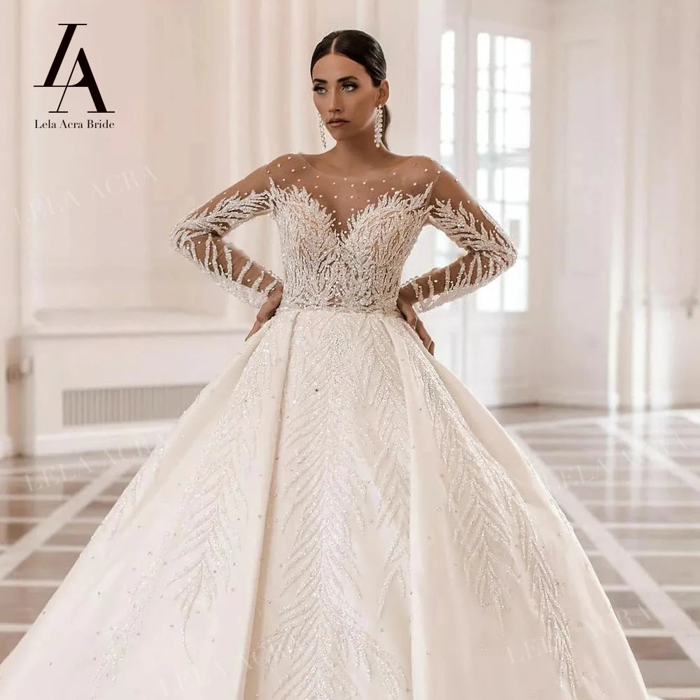 LelaAcra Long Sleeve Wedding Dress 2026 Sweetheart Beaded Backless A-Line Princess Bride Gown SM72 Plus Size Vestido De Noiva