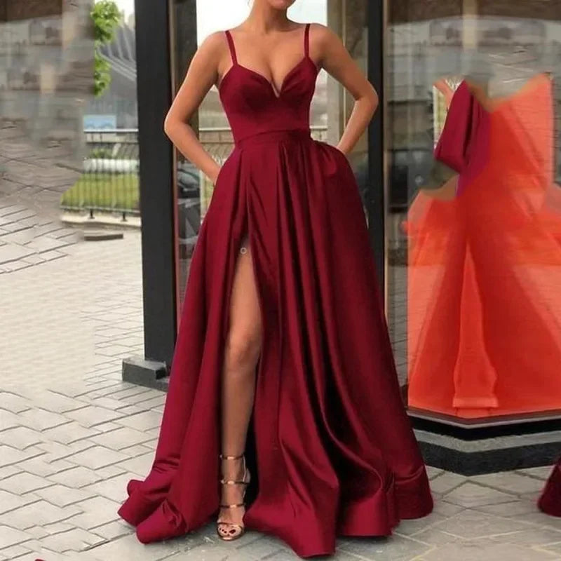 2026 Women's Wedding Party Evening Dresses Solid Elegant Side Slit A-Line Satin Sleeveless Straps Maxi Dress Sexy Banquet Gown