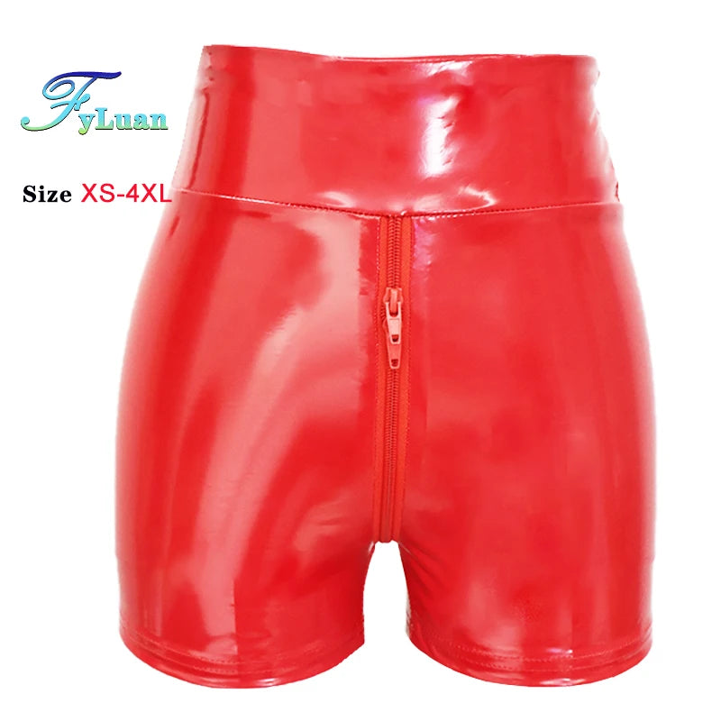 Shine PU Leather Short Pants Double Zipper Womens Shorts Elastic High Waist Wetlook Latex Hot Goth Shorts Clubwear Party Shorts