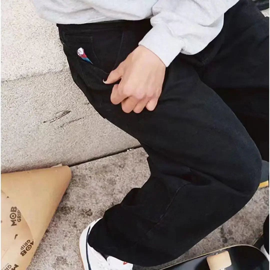 Hip Hop Cartoon Embroidery Big Boy Jeans Y2K Pants Trendy Retro Black Baggy Jeans Men Women Skateboard High Waisted Wide Trouser