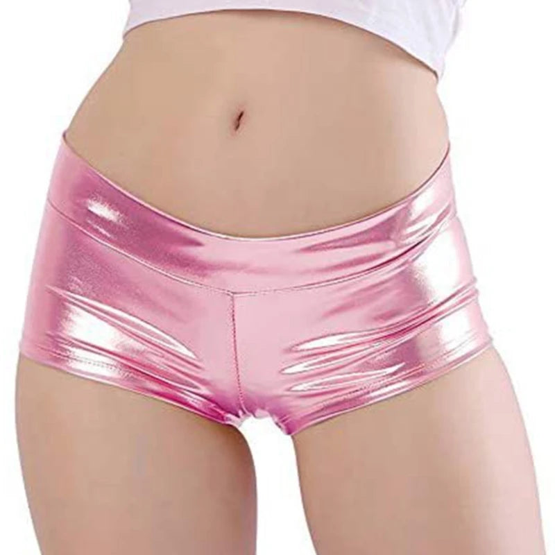 Women's Shining Metallic Booty Shorts Low Waist Dance Bottoms Faux Leather Hot Pants Dance Festival Costumes
