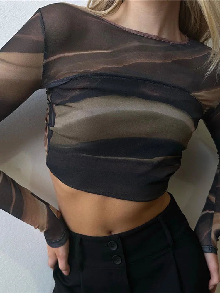 Tie Dye Me Open Navel Long Sve Tirt Women's Street Sle round Ne ort Cut Slim Fit Autumn Faion Top