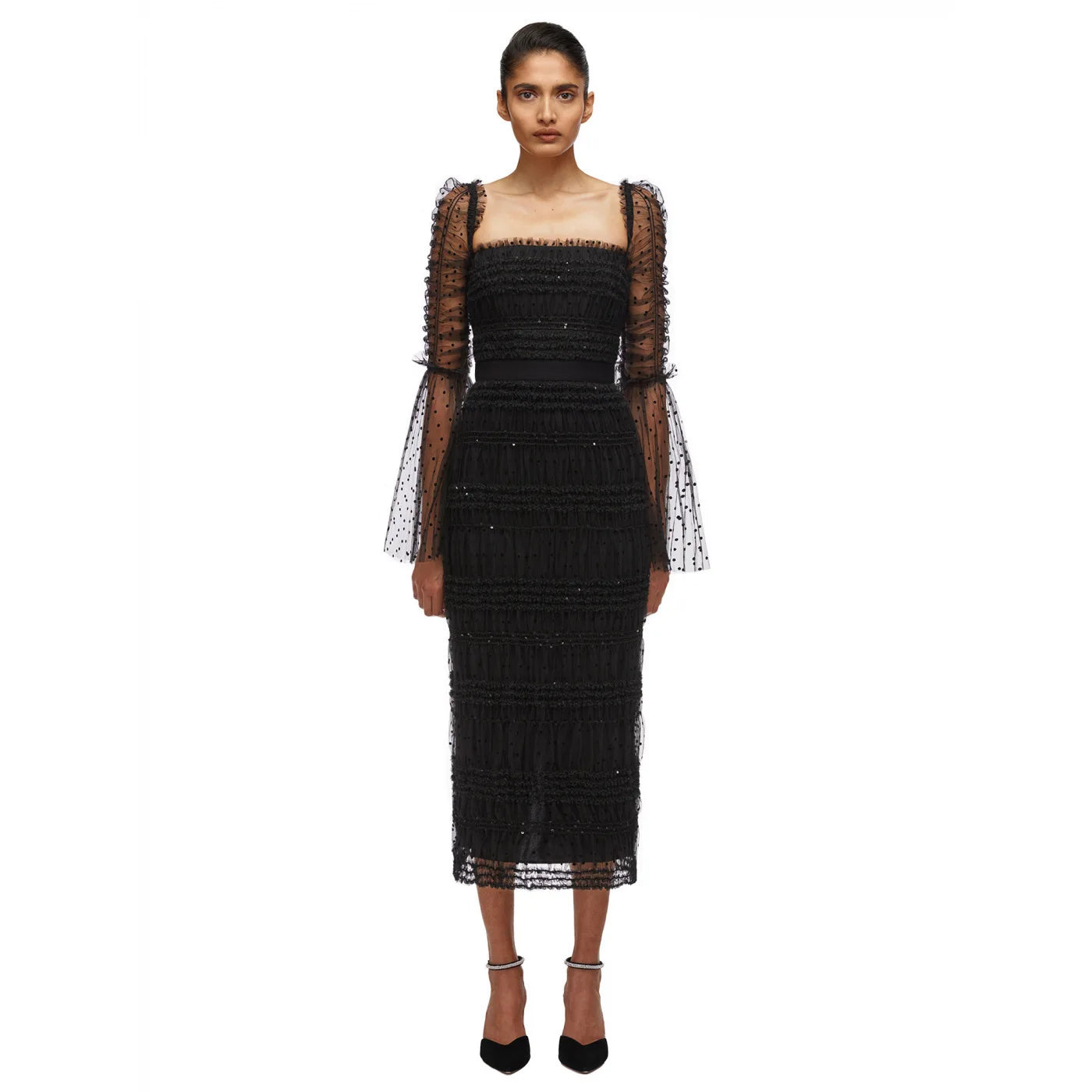 European and American New Women's Clothes Elegant Bell Sleeve Mesh See-through Dress High-End Pleated Bandage Hip Skirt
