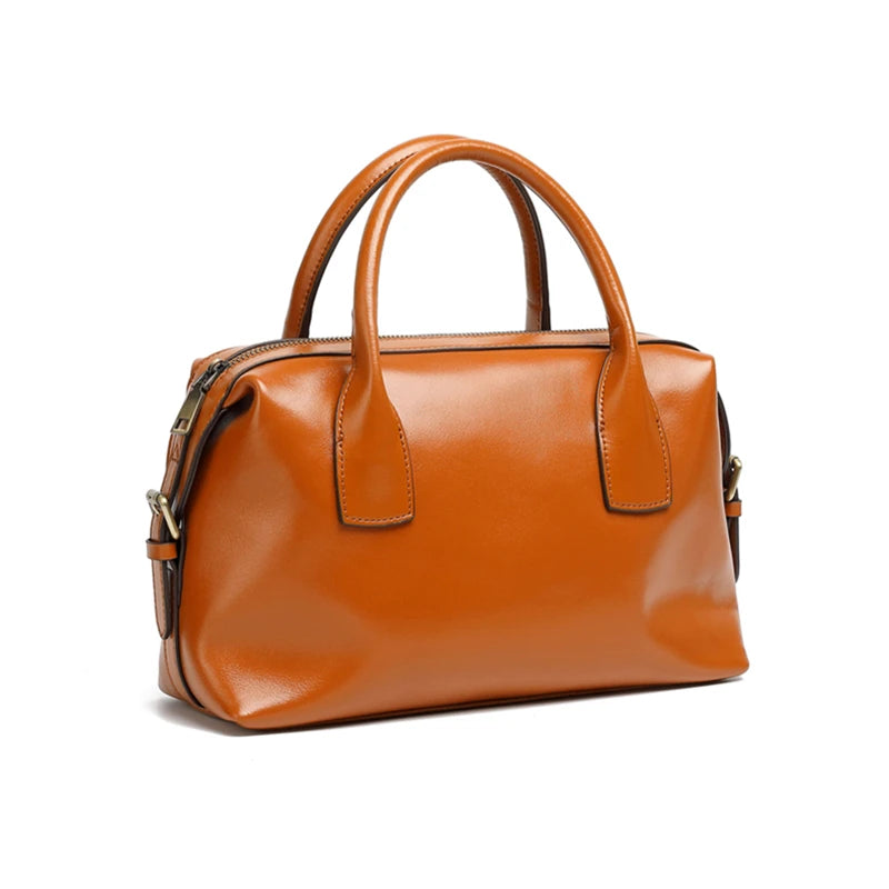 BURMINSA Genuine Cowhide Leather Handbags For Women Retro Pillow Top Handle Bags Bowling Daily Work Crossbody Shoulder Purses