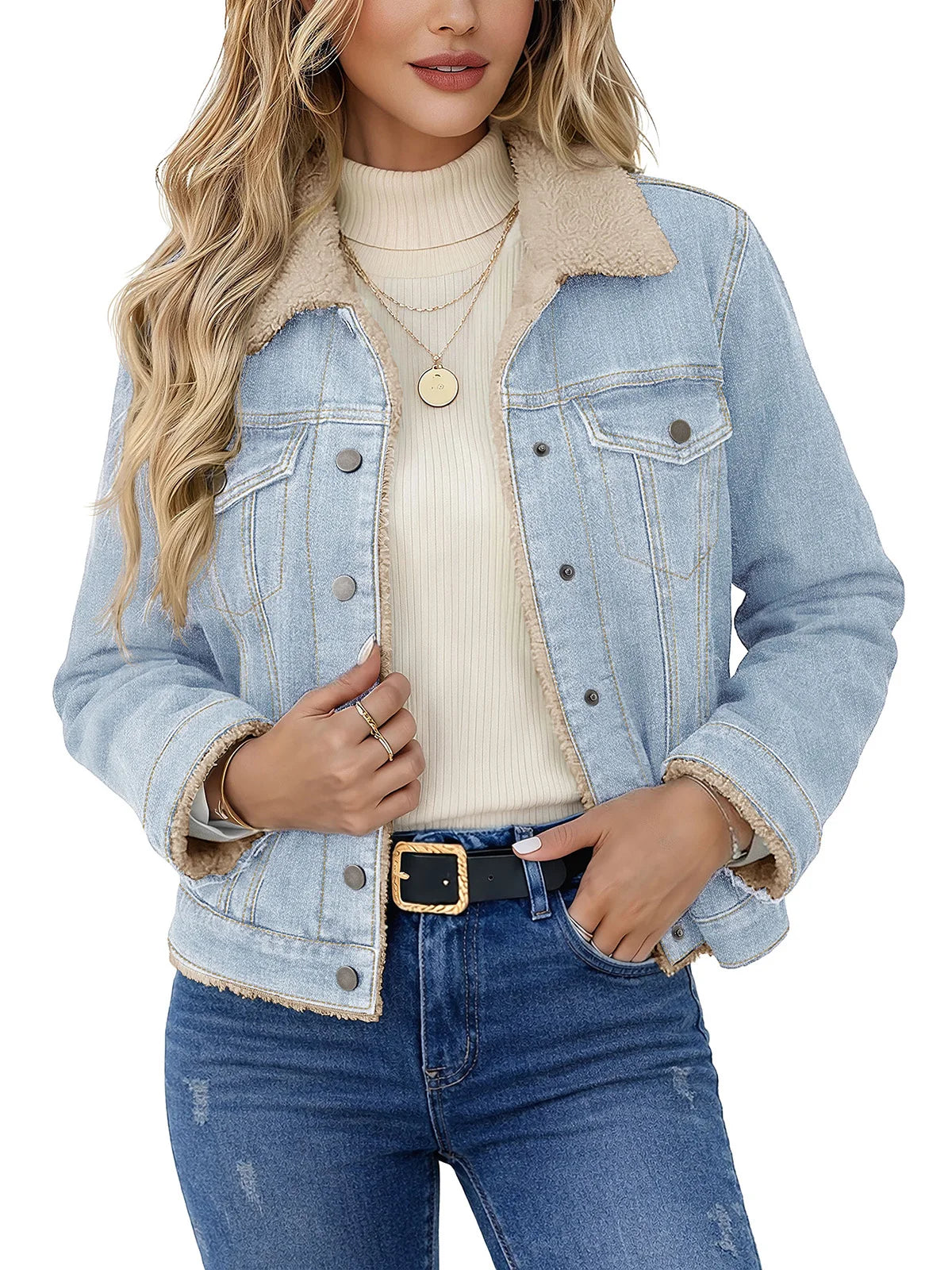 TACVASEN Women's Sherpa Lined Denim Jacket Winter Warm Fleece Trucker Coat Classic Button Down Outerwear with Multi-Pockets