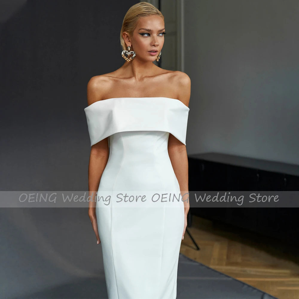 Midi Wedding Dress Simple Off the Shoulder Sheath/Column Wedding Gown For Women Bride Backless Short Bridal Reception Dress