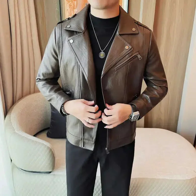 Men High Quality Faux Leather Jacket Vintage Oblique Zipper Slim Fit Motorcycle Outwear Male Autumn Winter PU Leather Coats
