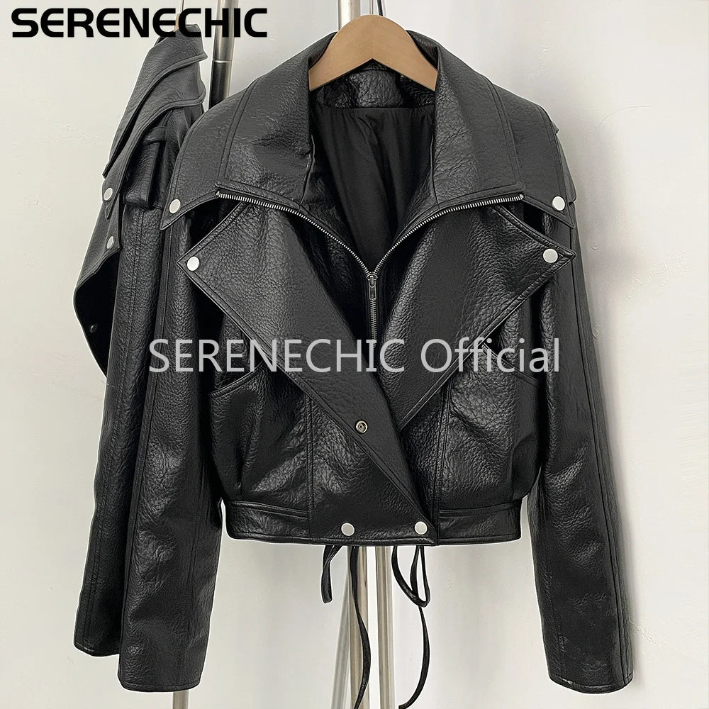 SERENECHIC Women's Black Faux Leather Cropped Moto Jacket Asymmetric Zip PU Biker Coat Female New Autumn Vintage Punk Outerwear
