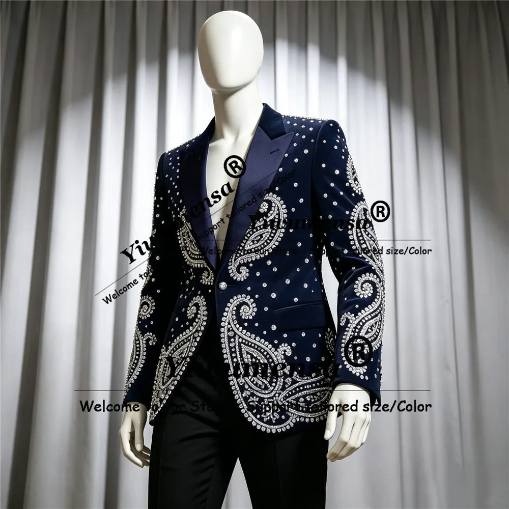 Luxury Crystal Suit For Men 2 Pieces Glitter Diamond Wedding Tuxedos Groom Outfit Customized Prom Blazer Pants roupas masculinas