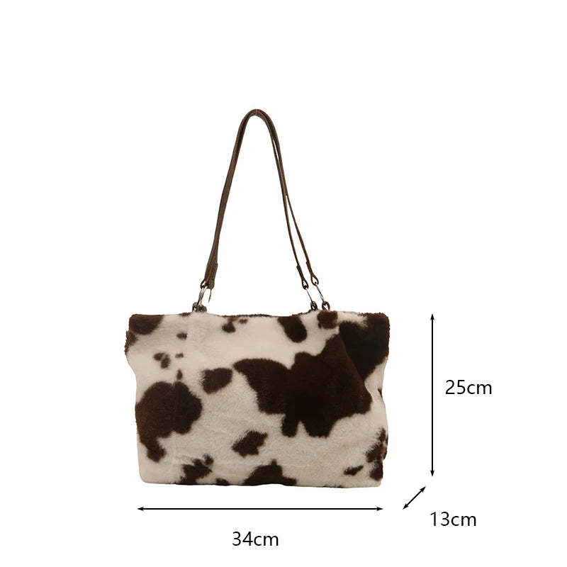 Cow Pattern Plush Shoulder Bag for Women Winter Fashion Purse Handbags Soft Warm Fur Female Casual Messenger Bags