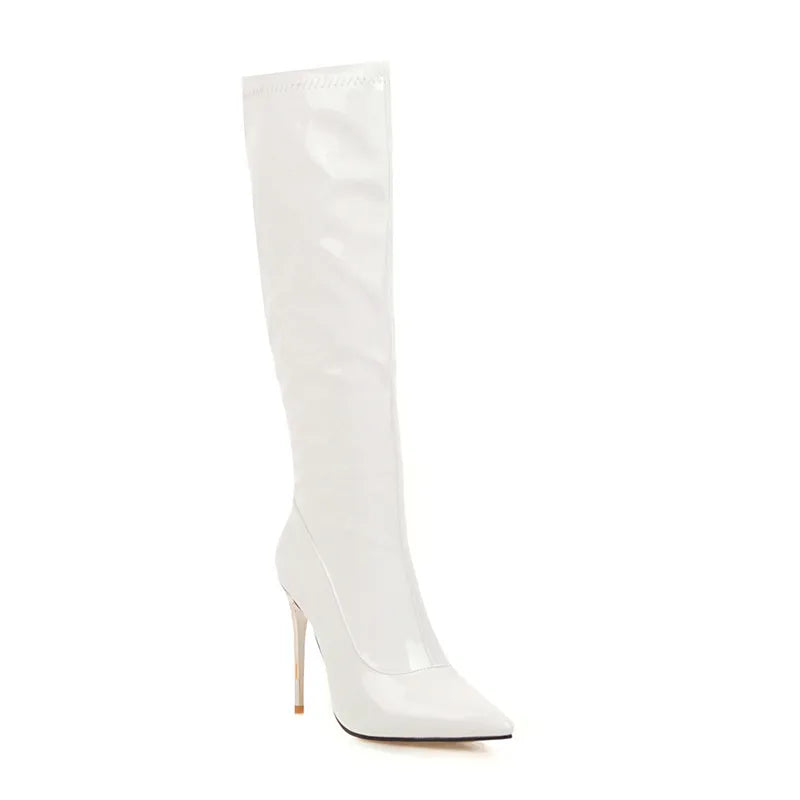 Women High Boots Sexy Zipper Black Red White Knee High Boot Thin Heels Patent Women's Autumn Winter Dance Shoes Large Size 45 48