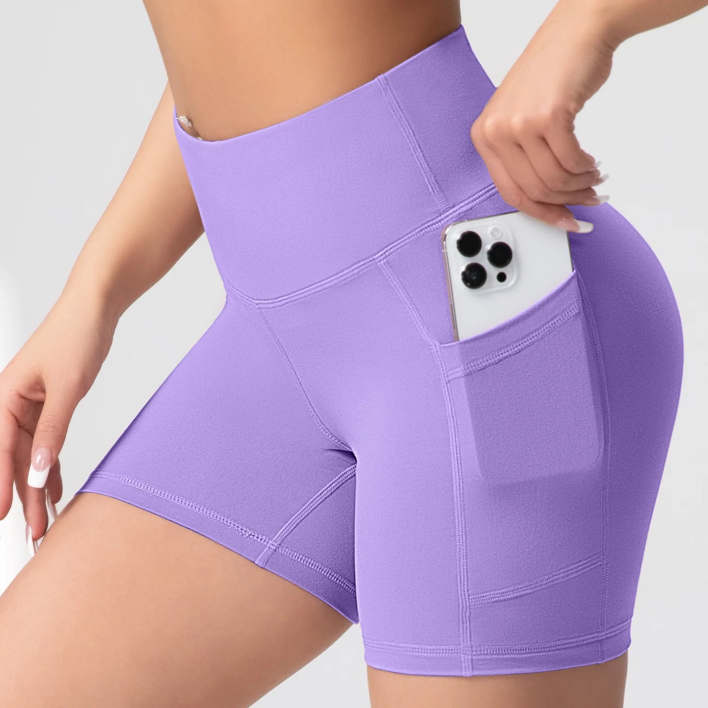CHRLEISURE Yoga Shorts with Pockets High Waist Butt Lifting Cycling Tight Elastic Slim Running Fitness Women Shorts Sportswear