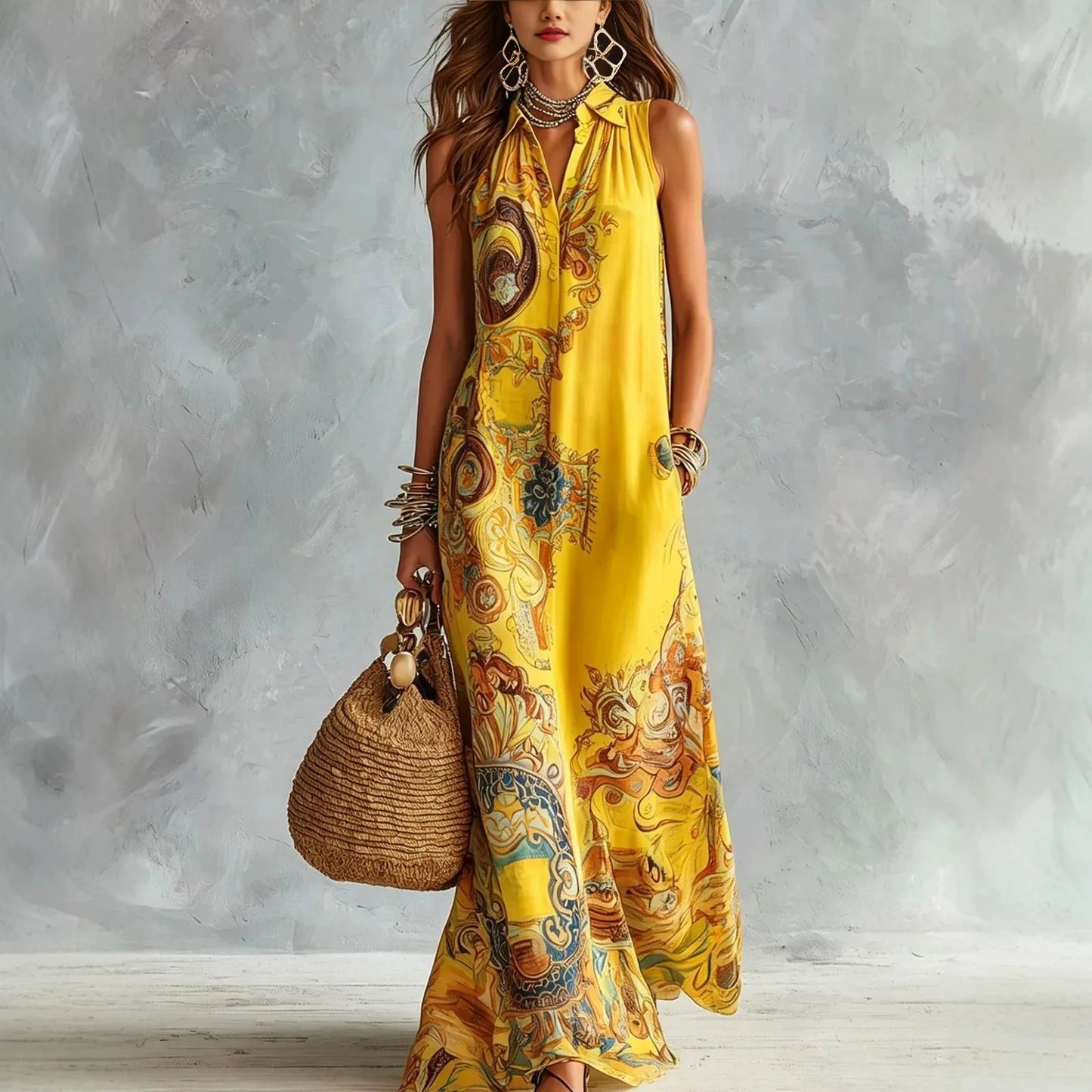 Elegant Sleeveless Long Dress for Women Digital Print Turndown Collar Single-breasted Dresses Flowy Casual Boho Summer Vestido