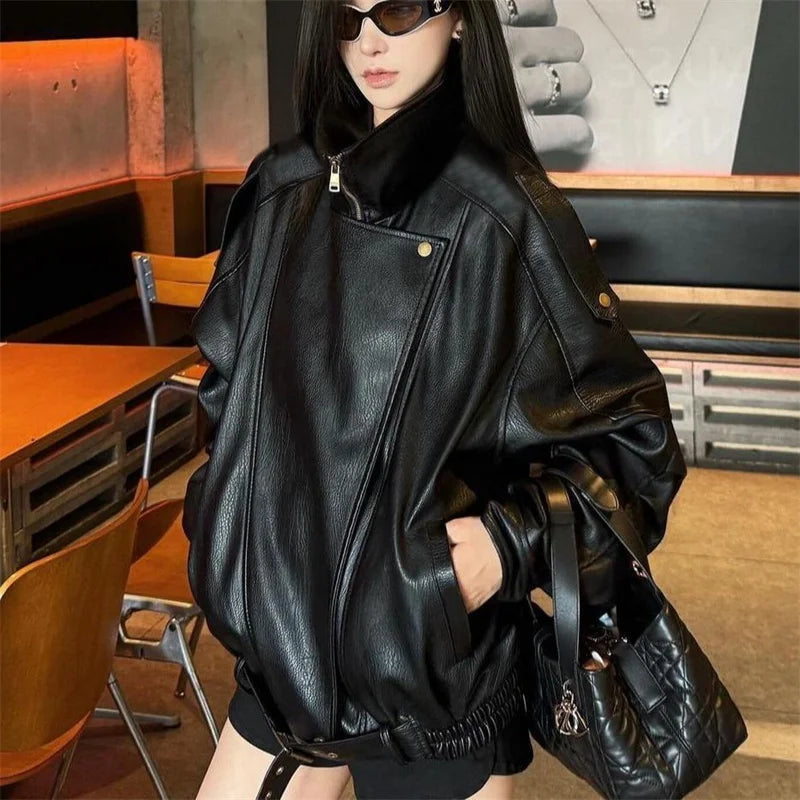 Winter Ladies High End Faux Leather Outwear American Femme Long Sleeves PU Leather Jacket Autumn Women Fashion Casual Loose Coat