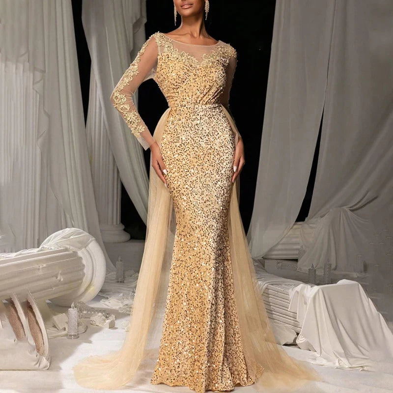 Luxury Long Sleeve Slim Dress Elegant V-neck Lace Sequin Mesh Spliced Evening Dress Fashion Solid Color High Waist Glitter Dress