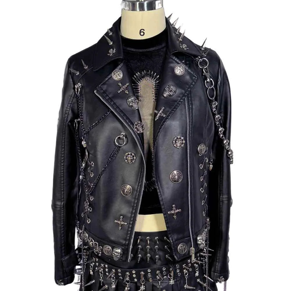 Women's Red PU Leather Gothic Punk Biker Jacket with Spikes Vintage Studded Y2K Rocker Grunge Spiked Coat Emo Alt Goth Clothing